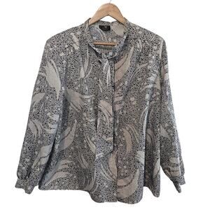 Vintage Gold Card Collection Blouse Womens 2X Black 80s Neck Tie Button Retro